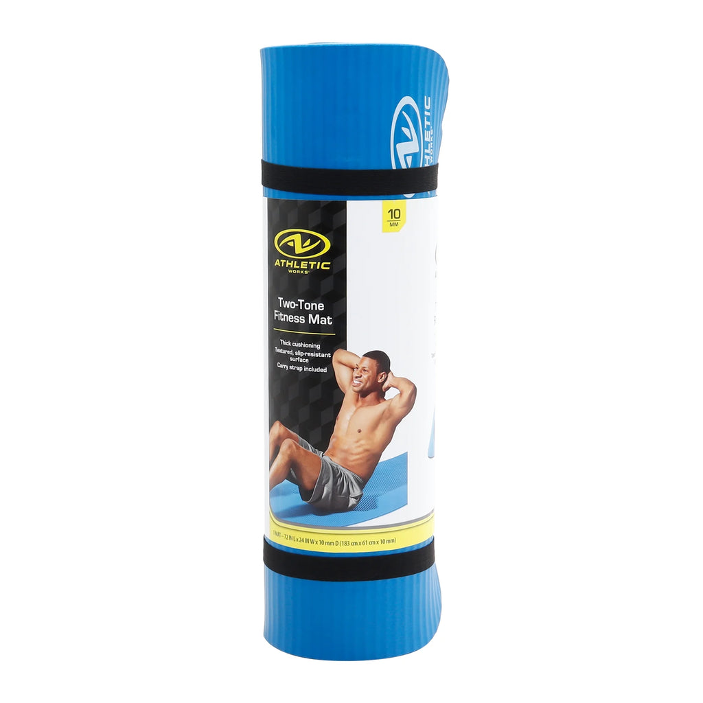 Two Tone Fitness Mat, 10Mm, 72Inx24In, Blue Color, NBR Foam, with Carry Strap
